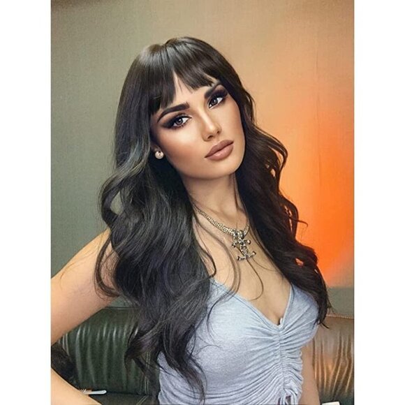 🆕BLACK Long Wavy Natural Looking Curly Wig Synthetic Middle Part Full Head NWT - Picture 3 of 7